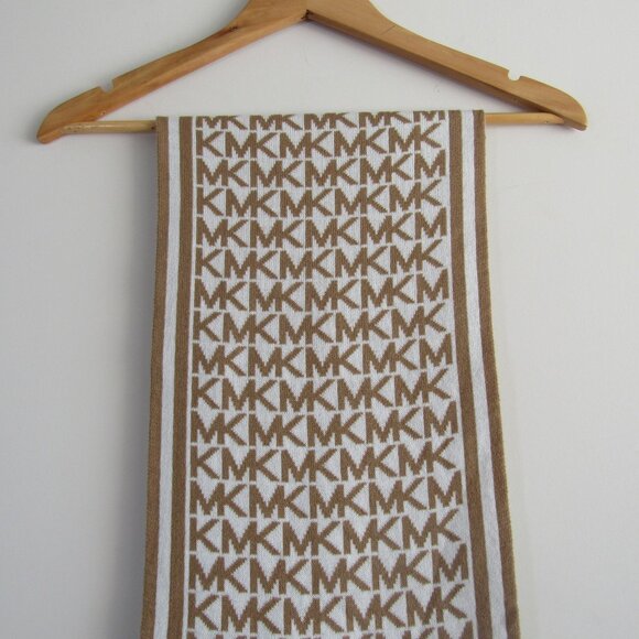 Michael Michael Kors Women's Signature MK Logo Knit Scarf Tan White Cozy Winter - Picture 5 of 8